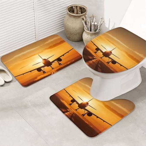 GTKSYNVE Badezimmerteppich-Set, Flugzeug bei Sonnenuntergang, 3-teilig, mit WC-Deckelbezug, U-förmiger Kontur-WC-Vorleger und saugfähige Badematten aus Mikrofaser, schnell trocknend, maschinenwaschbar von GTKSYNVE