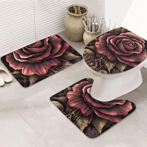 GTKSYNVE Badezimmerteppich-Set, Gothic-Rose, 3-teilig, mit WC-Deckelbezug, U-förmiger Kontur-WC-Vorleger und saugfähige Badematten aus Mikrofaser, schnell trocknend, maschinenwaschbar, Duschmatte von GTKSYNVE