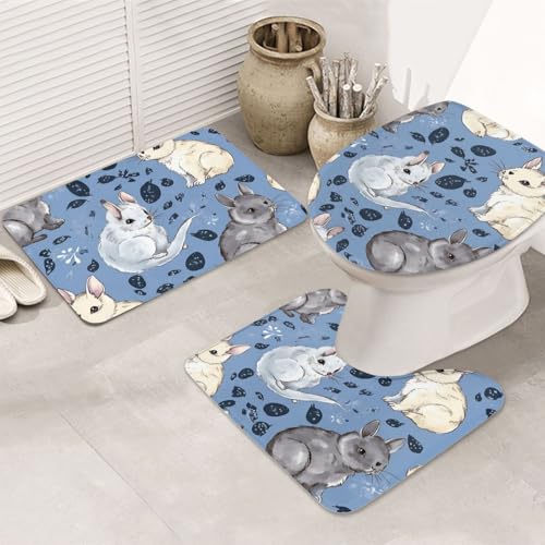 GTKSYNVE Badezimmerteppich-Set, Motiv: Chinchillas und Mond, 3-teilig, mit WC-Deckelbezug, U-förmiger Kontur-WC-Vorleger und saugfähige Badematten aus Mikrofaser, schnell trocknend, maschinenwaschbar von GTKSYNVE
