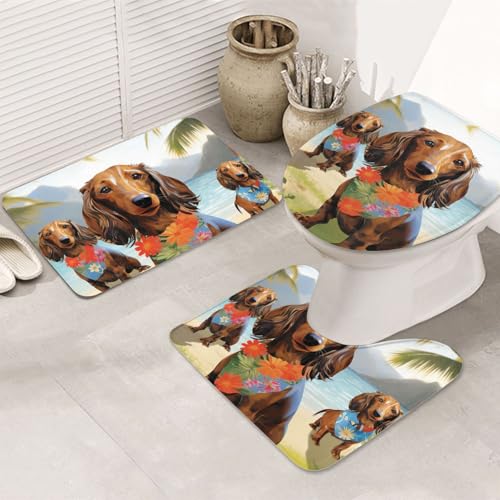 GTKSYNVE Badezimmerteppich-Set, Motiv: Dackel, tropische Malerei, Kunst, 3-teilig, mit WC-Deckelbezug, U-förmiger Kontur-WC-Vorleger und saugfähige Badematten aus Mikrofaser, schnell trocknend von GTKSYNVE
