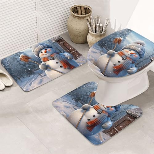 GTKSYNVE Badezimmerteppich-Set, Motiv: Schneemann, 3-teilig, mit WC-Deckelbezug, U-förmiger Kontur-WC-Vorleger und saugfähige Badematten aus Mikrofaser, schnell trocknend, maschinenwaschbar von GTKSYNVE