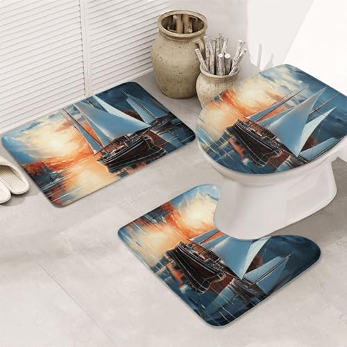 GTKSYNVE Badezimmerteppich-Set, Motiv: Segellandschaft, 3-teilig, mit WC-Deckelbezug, U-förmiger Kontur-WC-Vorleger und saugfähige Badematten aus Mikrofaser, schnell trocknend, maschinenwaschbar von GTKSYNVE