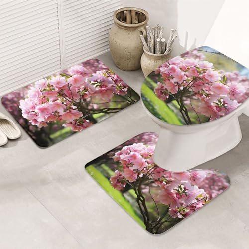 GTKSYNVE Badezimmerteppich-Set, Motiv: rosa Blumen auf dem Baum, 3-teilig, mit WC-Deckelbezug, U-förmiger Kontur-WC-Vorleger und saugfähige Badematten aus Mikrofaser, schnell trocknend von GTKSYNVE