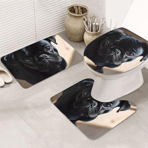 GTKSYNVE Badezimmerteppich-Set, Motiv: schwarzer Mops, 3-teilig, mit WC-Deckelbezug, U-förmiger Kontur-WC-Vorleger und saugfähige Badematten aus Mikrofaser, schnell trocknend, maschinenwaschbar von GTKSYNVE