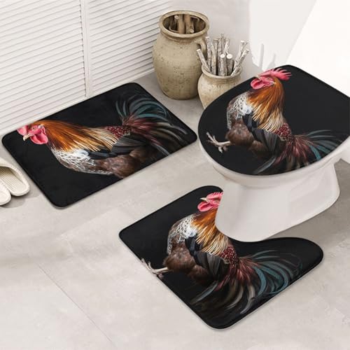 GTKSYNVE Badezimmerteppich-Set, Tierhahn, 3-teilig, mit WC-Deckelbezug, U-förmiger Kontur-WC-Vorleger und saugfähige Badematten aus Mikrofaser, schnell trocknend, maschinenwaschbar, Duschmatte von GTKSYNVE
