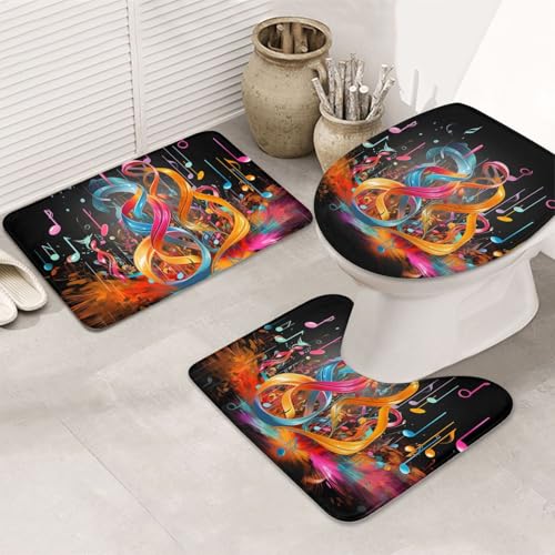 GTKSYNVE Badezimmerteppich-Set, bunt, Musiknoten, 3-teilig, mit WC-Deckelbezug, U-förmiger Kontur-WC-Vorleger und saugfähige Badematten aus Mikrofaser, schnell trocknend, maschinenwaschbar, Duschmatte von GTKSYNVE