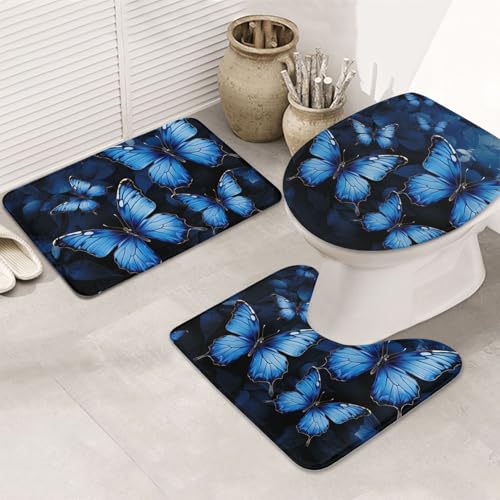 GTKSYNVE Badezimmerteppich-Set, dunkelblaue Schmetterlinge, 3-teilig, mit WC-Deckelbezug, U-förmiger Kontur-WC-Vorleger und saugfähige Badematten aus Mikrofaser, schnell trocknend, maschinenwaschbar von GTKSYNVE