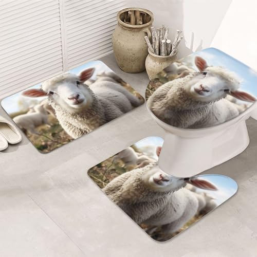 GTKSYNVE Badezimmerteppich-Set, niedliches Schaf, Lamm, 3-teilig, mit WC-Deckelbezug, U-förmiger Kontur-WC-Vorleger und saugfähige Badematten aus Mikrofaser, schnell trocknend, maschinenwaschbar von GTKSYNVE