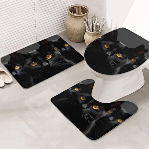 GTKSYNVE Badezimmerteppich-Set, schwarz, Katzenaugen, 3-teilig, mit WC-Deckelbezug, U-förmiger Kontur-WC-Vorleger und saugfähige Badematten aus Mikrofaser, schnell trocknend, maschinenwaschbar von GTKSYNVE