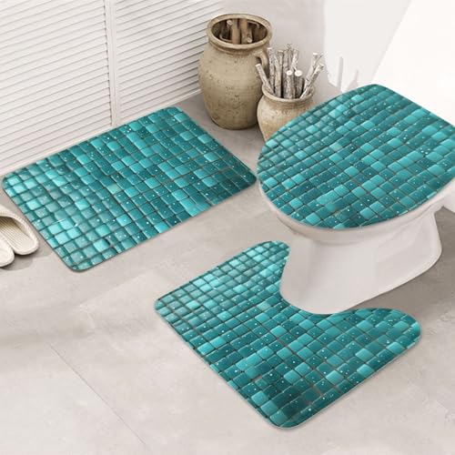 GTKSYNVE Badezimmerteppich-Set, türkis, kleine Punkte, 3-teilig, mit WC-Deckelbezug, U-förmiger Kontur-WC-Vorleger und saugfähige Badematten aus Mikrofaser, schnell trocknend, maschinenwaschbar von GTKSYNVE
