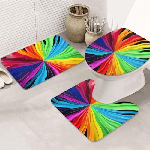 GTKSYNVE Badezimmerteppich-Set in Regenbogenfarben, 3-teilig, mit WC-Deckelbezug, U-förmiger Kontur-WC-Vorleger und saugfähige Badematten aus Mikrofaser, schnell trocknend, maschinenwaschbar von GTKSYNVE