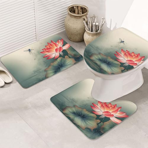 GTKSYNVE Badezimmerteppich-Set mit Blume und Libelle, 3-teilig, mit WC-Deckelbezug, U-förmiger Kontur-WC-Vorleger und saugfähige Badematten aus Mikrofaser, schnell trocknend, maschinenwaschbar von GTKSYNVE