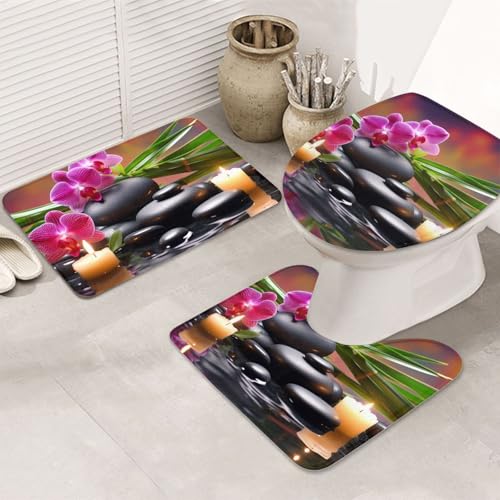 GTKSYNVE Badezimmerteppich-Set mit Blumen im Brunnen-Massagesteinen, 3-teilig, mit WC-Deckelbezug, U-förmiger Kontur-WC-Vorleger und saugfähige Badematten aus Mikrofaser, schnell trocknend von GTKSYNVE