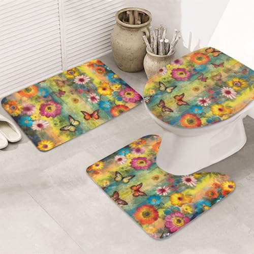 GTKSYNVE Badezimmerteppich-Set mit Blumen und Schmetterlingen, 3-teilig, mit WC-Deckelbezug, U-förmiger Kontur-WC-Vorleger und saugfähige Badematten aus Mikrofaser, schnell trocknend von GTKSYNVE