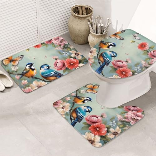 GTKSYNVE Badezimmerteppich-Set mit Blumenmotiv und Vögeln und Schmetterlingen, 3-teilig, mit WC-Deckelbezug, U-förmiger Kontur-WC-Vorleger und saugfähiger Mikrofaser-Badematte, schnell trocknend von GTKSYNVE