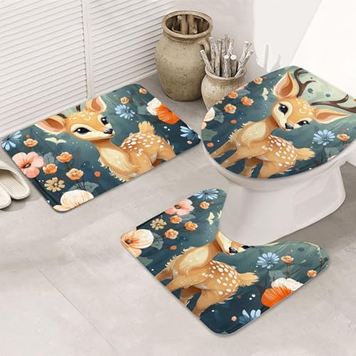 GTKSYNVE Badezimmerteppich-Set mit Cartoon-Hirschblumen, 3-teilig, mit WC-Deckelbezug, U-förmiger Kontur-WC-Vorleger und saugfähige Badematten aus Mikrofaser, schnell trocknend, maschinenwaschbar von GTKSYNVE