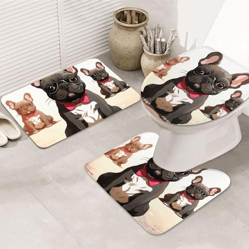 GTKSYNVE Badezimmerteppich-Set mit Cartoon-Hund, französische Bulldogge, 3-teilig, mit WC-Deckelbezug, U-förmiger Kontur-WC-Vorleger und saugfähige Badematten aus Mikrofaser, schnell trocknend von GTKSYNVE