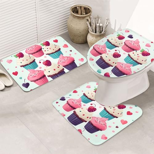 GTKSYNVE Badezimmerteppich-Set mit Cupcake-Herzen, 3-teilig, mit WC-Deckelbezug, U-förmiger Kontur-WC-Vorleger und saugfähiger Mikrofaser-Badematte, schnell trocknend, maschinenwaschbar, Duschmatte GTKSYNVE Badezimmerteppich-Set mit Cupcake-Herzen, 3-teilig, mit WC-Deckelbezug, U-förmiger Kontur-WC-Vorleger und saugfähiger Mikrofaser-Badematte, schnell trocknend, maschinenwaschbar, Duschmatte von GTKSYNVE