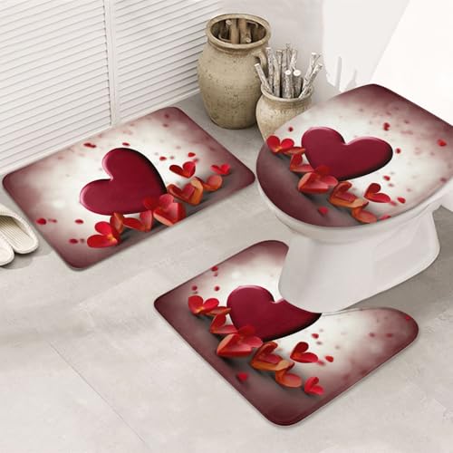GTKSYNVE Badezimmerteppich-Set mit Herzmotiv, 3-teilig, mit WC-Deckelbezug, U-förmiger Kontur-WC-Vorleger und saugfähige Badematten aus Mikrofaser, schnell trocknend, maschinenwaschbar, Duschmatte von GTKSYNVE