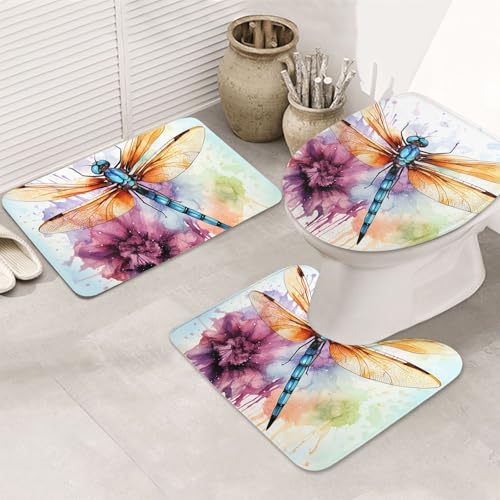 GTKSYNVE Badezimmerteppich-Set mit Libellen-Aquarellmalerei, 3-teilig, mit WC-Deckelbezug, U-förmiger Kontur-WC-Vorleger und saugfähige Badematten aus Mikrofaser, schnell trocknend, maschinenwaschbar von GTKSYNVE