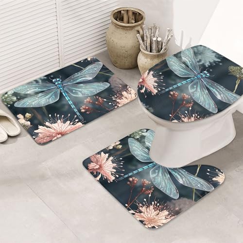 GTKSYNVE Badezimmerteppich-Set mit Libellen-Motiv, 3-teilig, mit WC-Deckelbezug, U-förmiger Kontur-WC-Vorleger und saugfähige Badematten aus Mikrofaser, schnell trocknend, maschinenwaschbar von GTKSYNVE
