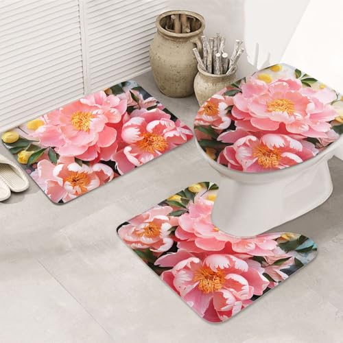 GTKSYNVE Badezimmerteppich-Set mit Pfingstrosenblüte, 3-teilig, mit WC-Deckelbezug, U-förmiger Kontur-WC-Vorleger und saugfähige Badematten aus Mikrofaser, schnell trocknend, maschinenwaschbar von GTKSYNVE