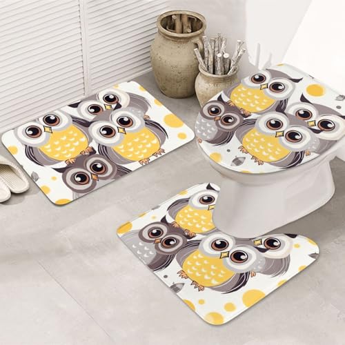 GTKSYNVE Badezimmerteppich-Set mit Tier-Cartoon-Eulen, 3-teilig, mit WC-Deckelbezug, U-förmiger Kontur-WC-Vorleger und saugfähige Badematten aus Mikrofaser, schnell trocknend, maschinenwaschbar von GTKSYNVE