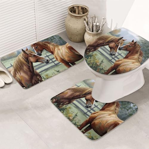 GTKSYNVE Badezimmerteppich-Set mit Tier-Stickerei, Gemälde, Pferde, 3-teilig, mit WC-Deckelbezug, U-förmiger Kontur-WC-Vorleger und saugfähige Badematten aus Mikrofaser, schnell trocknend von GTKSYNVE