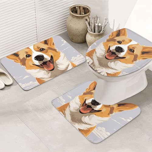 GTKSYNVE Badezimmerteppich-Set mit Walisischem Corgi-Motiv, 3-teilig, mit WC-Deckelbezug, U-förmiger Kontur-WC-Vorleger und saugfähige Badematten aus Mikrofaser, schnell trocknend, maschinenwaschbar von GTKSYNVE