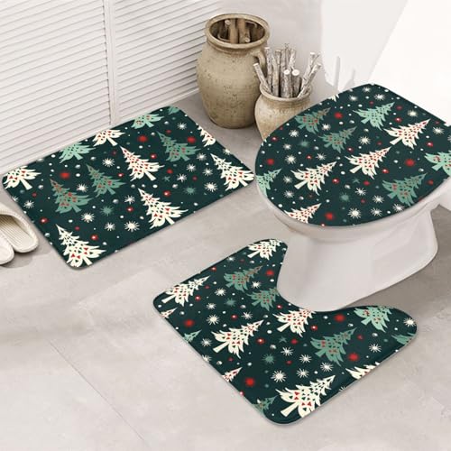 GTKSYNVE Badezimmerteppich-Set mit Weihnachtsbaum-Muster, 3-teilig, mit WC-Deckelbezug, U-förmiger Kontur-WC-Vorleger und saugfähige Badematten aus Mikrofaser, schnell trocknend, maschinenwaschbar von GTKSYNVE