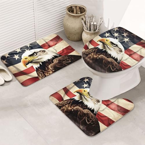 GTKSYNVE Badezimmerteppich-Set mit Weißkopfseeadler-Flagge, Veteranen, 3-teilig, mit WC-Deckelbezug, U-förmiger Kontur-WC-Vorleger und saugfähige Badematten aus Mikrofaser, schnell trocknend von GTKSYNVE