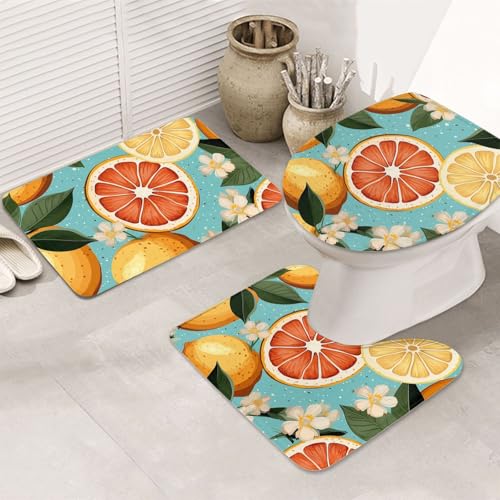 GTKSYNVE Badezimmerteppich-Set mit Zitrusfrüchten, 3-teilig, mit WC-Deckelbezug, U-förmiger Kontur-WC-Vorleger und saugfähige Badematten aus Mikrofaser, schnell trocknend, maschinenwaschbar von GTKSYNVE
