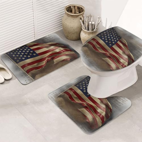 GTKSYNVE Badezimmerteppich-Set mit amerikanischer Flagge, 3-teilig, mit WC-Deckelbezug, U-förmiger Kontur-WC-Vorleger und saugfähige Badematten aus Mikrofaser, schnell trocknend, maschinenwaschbar von GTKSYNVE