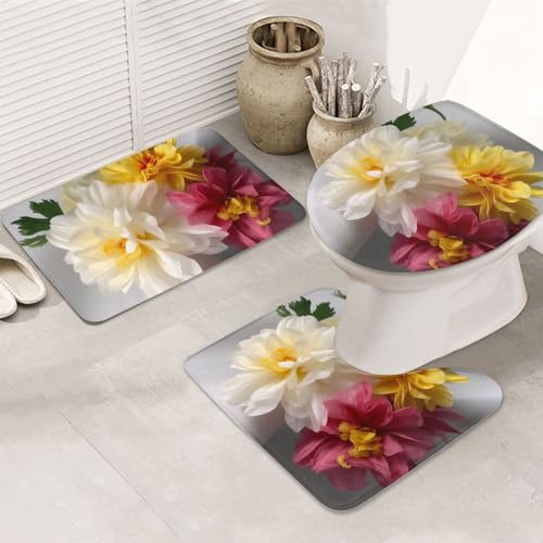 GTKSYNVE Badezimmerteppich-Set mit künstlichen Blumen, 3-teilig, mit WC-Deckelbezug, U-förmiger Kontur-WC-Vorleger und saugfähige Badematten aus Mikrofaser, schnell trocknend, maschinenwaschbar von GTKSYNVE