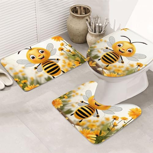 GTKSYNVE Badezimmerteppich-Set mit niedlichem Bienen-Gänseblümchen-Motiv, 3-teilig, mit WC-Deckelbezug, U-förmiger Kontur-WC-Vorleger und saugfähiger Mikrofaser-Badematte, schnell trocknend von GTKSYNVE