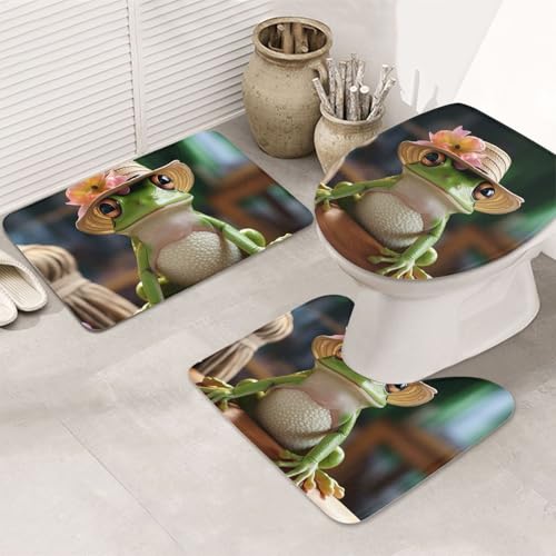 GTKSYNVE Badezimmerteppich-Set mit niedlichem Frosch im Hut, 3-teilig, mit WC-Deckelbezug, U-förmiger Kontur-WC-Vorleger und saugfähiger Mikrofaser-Badematte, schnell trocknend, maschinenwaschbar von GTKSYNVE