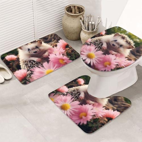 GTKSYNVE Badezimmerteppich-Set mit niedlichem Igel in Blumen, 3-teilig, mit WC-Deckelbezug, U-förmiger Kontur-WC-Vorleger und saugfähige Badematten aus Mikrofaser, schnell trocknend, maschinenwaschbar von GTKSYNVE