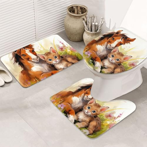 GTKSYNVE Badezimmerteppich-Set mit niedlichem Pferd und Katze, 3-teilig, mit WC-Deckelbezug, U-förmiger Kontur-WC-Vorleger und saugfähige Badematten aus Mikrofaser, schnell trocknend GTKSYNVE Badezimmerteppich-Set mit niedlichem Pferd und Katze, 3-teilig, mit WC-Deckelbezug, U-förmiger Kontur-WC-Vorleger und saugfähige Badematten aus Mikrofaser, schnell trocknend von GTKSYNVE