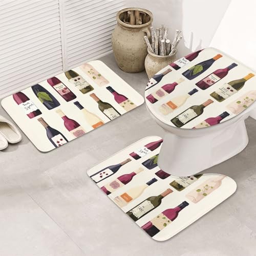 GTKSYNVE Badezimmerteppich-Set mit niedlichem Weinflaschenmotiv, 3-teilig, mit WC-Deckelbezug, U-förmiger Kontur-WC-Vorleger und saugfähiger Mikrofaser-Badematte, schnell trocknend, maschinenwaschbar von GTKSYNVE