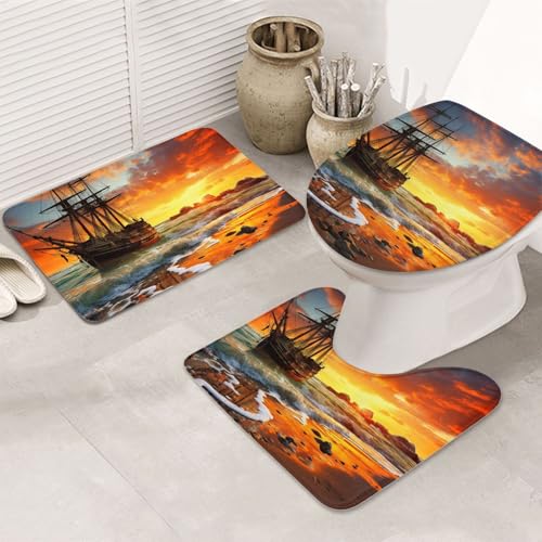 GTKSYNVE Badteppich-Set, Piratenschiff im Sonnenuntergang, 3-teilig, mit WC-Deckelbezug, U-förmiger Kontur-WC-Vorleger und saugfähige Badematten aus Mikrofaser, schnell trocknend, maschinenwaschbar von GTKSYNVE