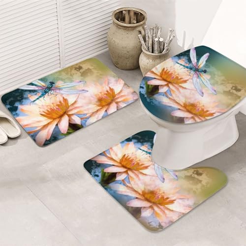 GTKSYNVE Badteppich-Set, fliegende Libellen, Lilien, Blumen, 3-teilig, mit WC-Deckelbezug, U-förmiger Kontur-WC-Vorleger und saugfähige Badematten aus Mikrofaser, schnell trocknend, maschinenwaschbar von GTKSYNVE