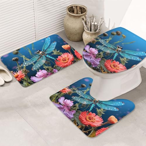 GTKSYNVE Badteppich-Set mit Libelle und Blume, 3-teilig, mit WC-Deckelbezug, U-förmiger Kontur-WC-Vorleger und saugfähige Badematten aus Mikrofaser, schnell trocknend, maschinenwaschbar, Duschmatte von GTKSYNVE