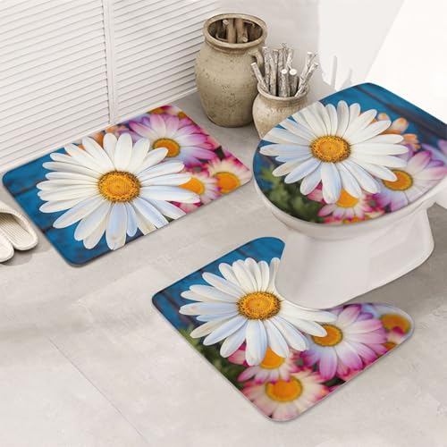 GTKSYNVE Barberton Daisy Badezimmerteppich-Set, 3-teilig, mit WC-Deckelbezug, U-förmiger Kontur-WC-Vorleger und saugfähige Badematten aus Mikrofaser, schnell trocknend, maschinenwaschbar, Duschmatte von GTKSYNVE