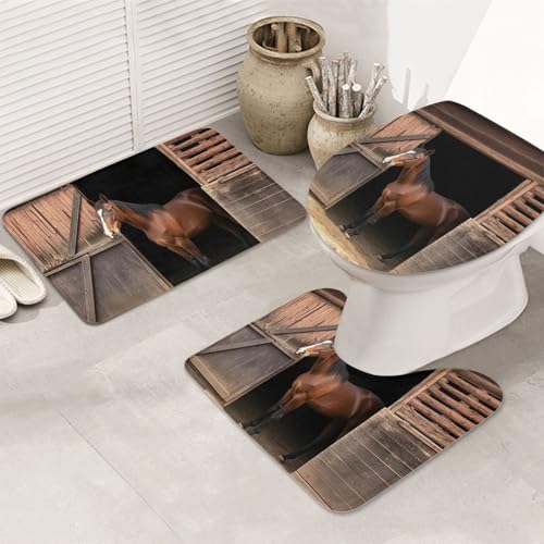 GTKSYNVE Barn Horse Badezimmerteppich-Set, 3-teilig, mit WC-Deckelbezug, U-förmiger Kontur-WC-Vorleger und saugfähige Badematten aus Mikrofaser, schnell trocknend, maschinenwaschbar, Duschmatte von GTKSYNVE