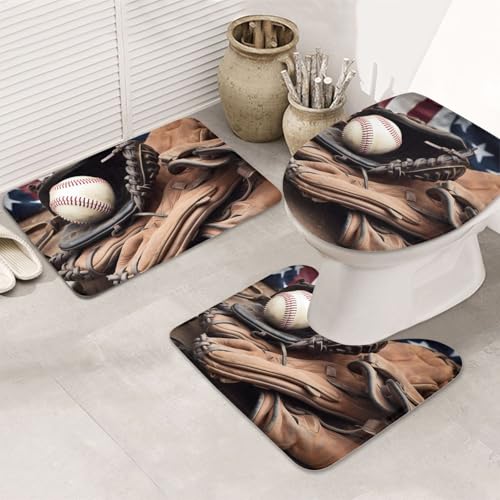 GTKSYNVE Baseball-Ausrüstung, Badezimmerteppich-Set, 3-teilig, mit WC-Deckelbezug, U-förmiger Kontur-WC-Vorleger und saugfähige Badematten aus Mikrofaser, schnell trocknend, maschinenwaschbar von GTKSYNVE