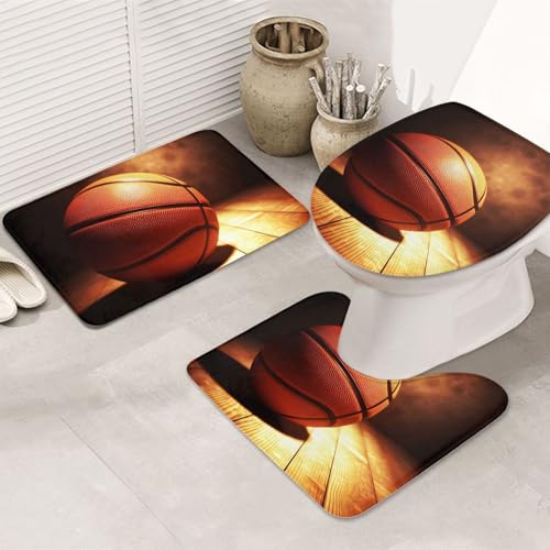 GTKSYNVE Basketball-Hintergrund-Badezimmerteppich-Set, 3-teilig, mit WC-Deckelbezug, U-förmiger Kontur-WC-Vorleger und saugfähige Badematten aus Mikrofaser, schnell trocknend, maschinenwaschbar von GTKSYNVE