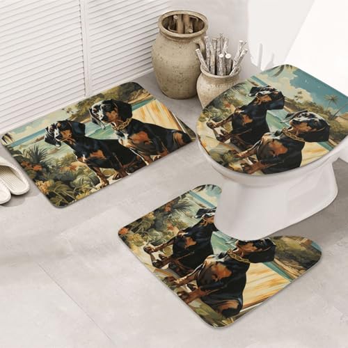GTKSYNVE Bento-Badezimmerteppich-Set, Dackel, 3-teilig, mit WC-Deckelbezug, U-förmiger Kontur-WC-Vorleger und saugfähige Badematten aus Mikrofaser, schnell trocknend, maschinenwaschbar, Duschmatte von GTKSYNVE