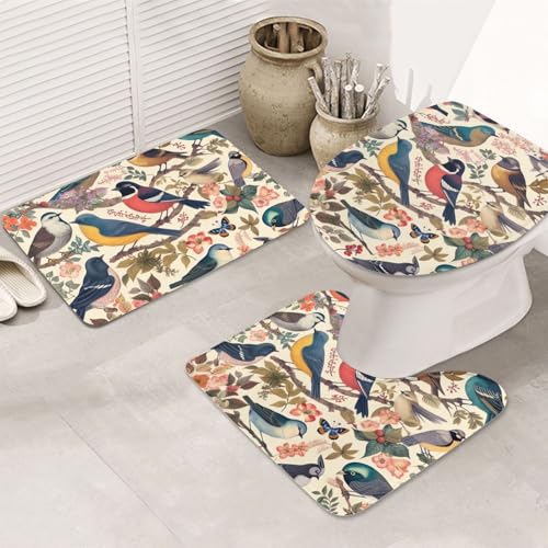 GTKSYNVE Birds in My Garden Badezimmerteppich-Set, 3-teilig, mit WC-Deckelbezug, U-förmiger Kontur-WC-Vorleger und saugfähige Badematten aus Mikrofaser, schnell trocknend, maschinenwaschbar von GTKSYNVE