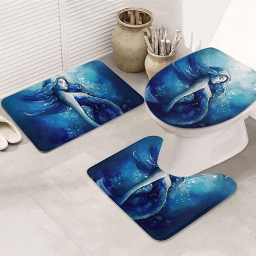GTKSYNVE Blaue Meerjungfrau-Badezimmerteppich-Set, 3-teilig, mit WC-Deckelbezug, U-förmiger Kontur-WC-Vorleger und saugfähige Badematten aus Mikrofaser, schnell trocknend, maschinenwaschbar von GTKSYNVE