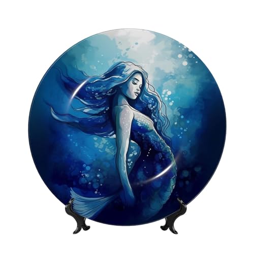 GTKSYNVE Blaue Meerjungfrau-Dekoteller aus Knochenporzellan, 17,8 cm, personalisierbar, Keramik-Dekoteller mit Präsentationsständer, Keramik-Ornamente, Kunst-Porzellan-Teller für Zuhause, Büro von GTKSYNVE